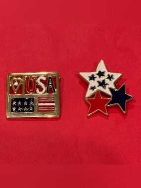 VTG Patriotic Enamel Pin Lot (2) Gold Tone USA Star Flag Americana